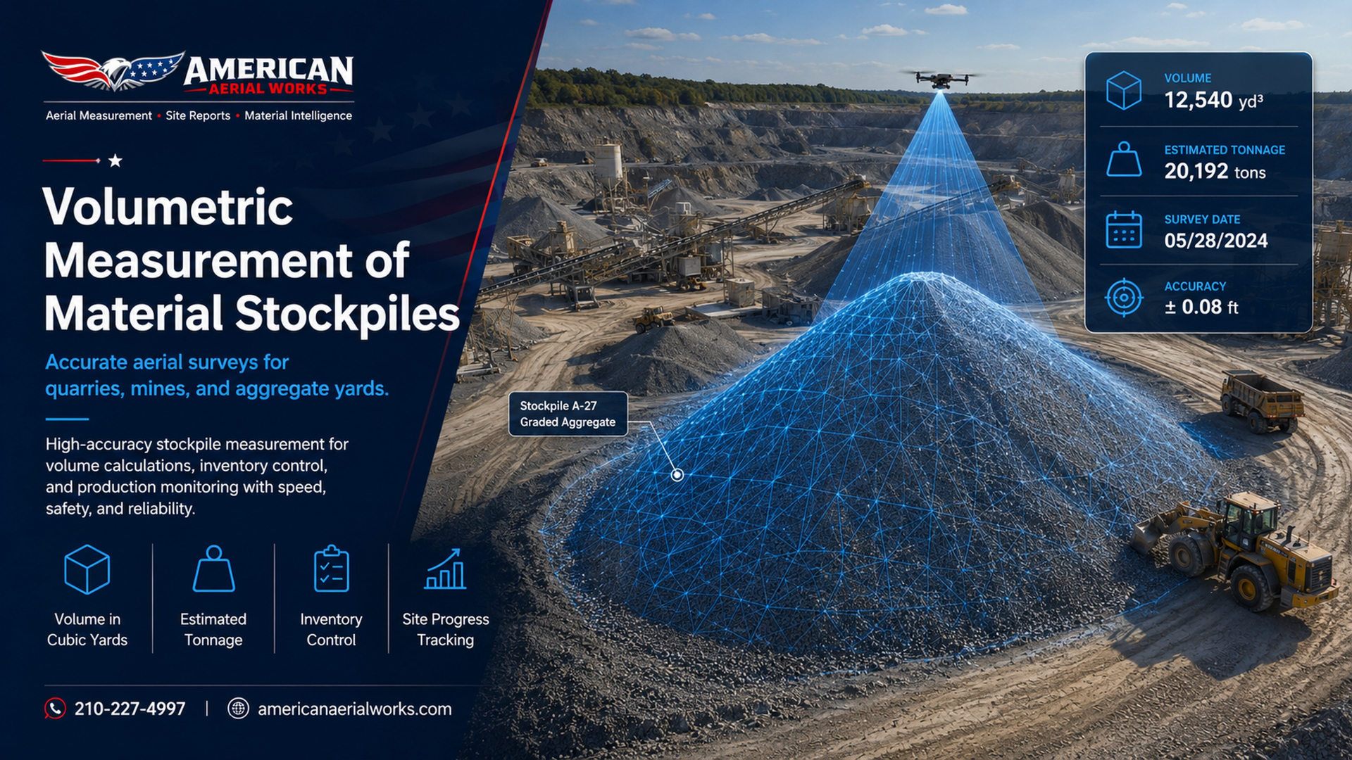Drone volumetric measurement of an aggregate stockpile at a quarry